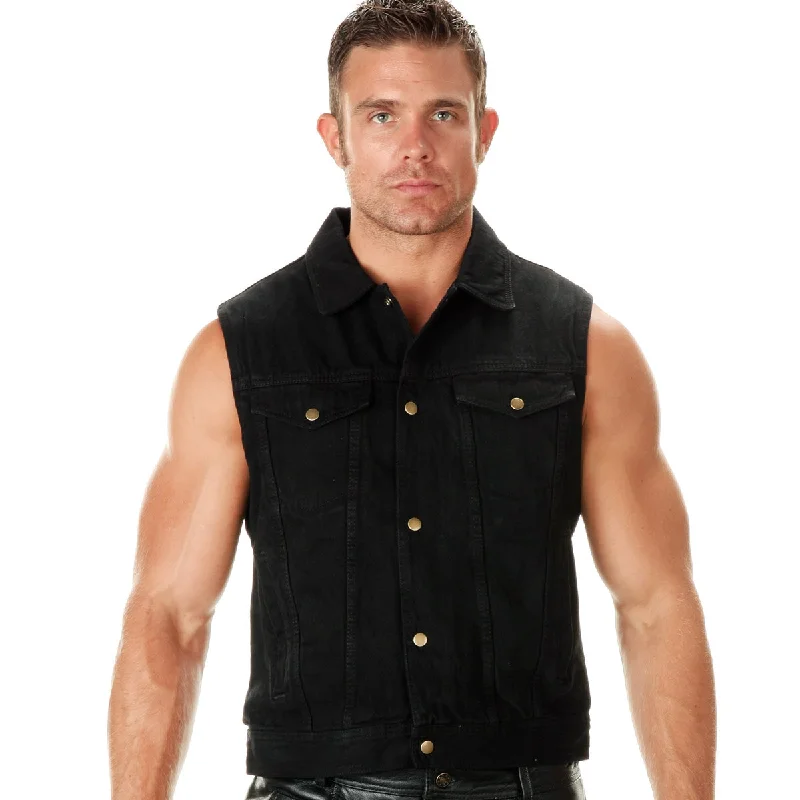 Ethnic Style Xelement B285 Men's 'Dirty' Black Denim Motorcycle Rider Vest with Shirt Collar