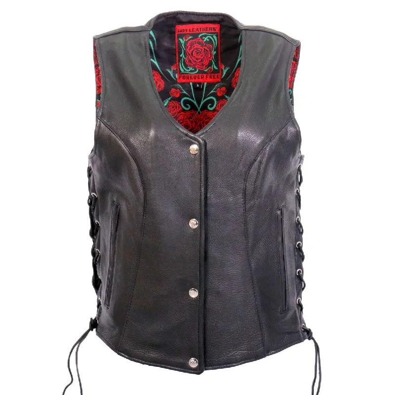 Classic Series Hot Leathers VSL1019 Ladies 'Red Rose' Lined Black Leather MC Vest