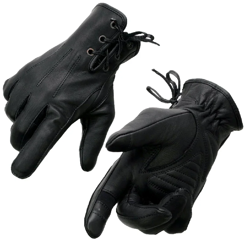 Comfortable Chic Milwaukee Leather MG7770 Women's Black Leather ’I - Touchscreen Compatible’ Laced Wrist Motorcycle Hand Gloves W/ Gel Palm