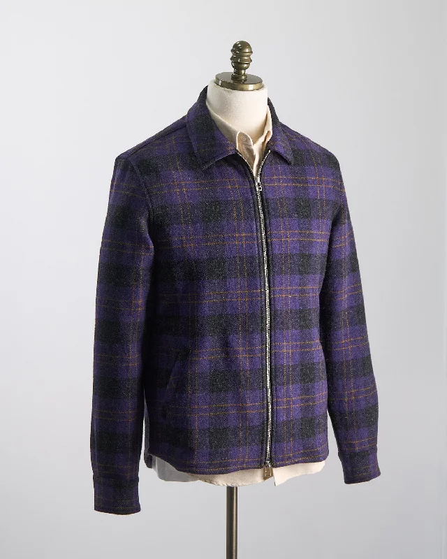 Soft Relaxation Wear Plum Plaid Wool Zip Overshirt