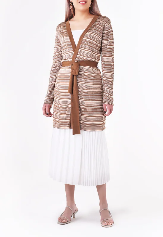 Soft Wearables Knitted Striped Belted Outerwear
