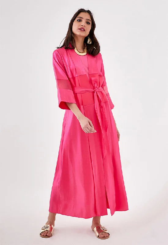Cozy Shirts Sheer Trim Belted Maxi Kimono