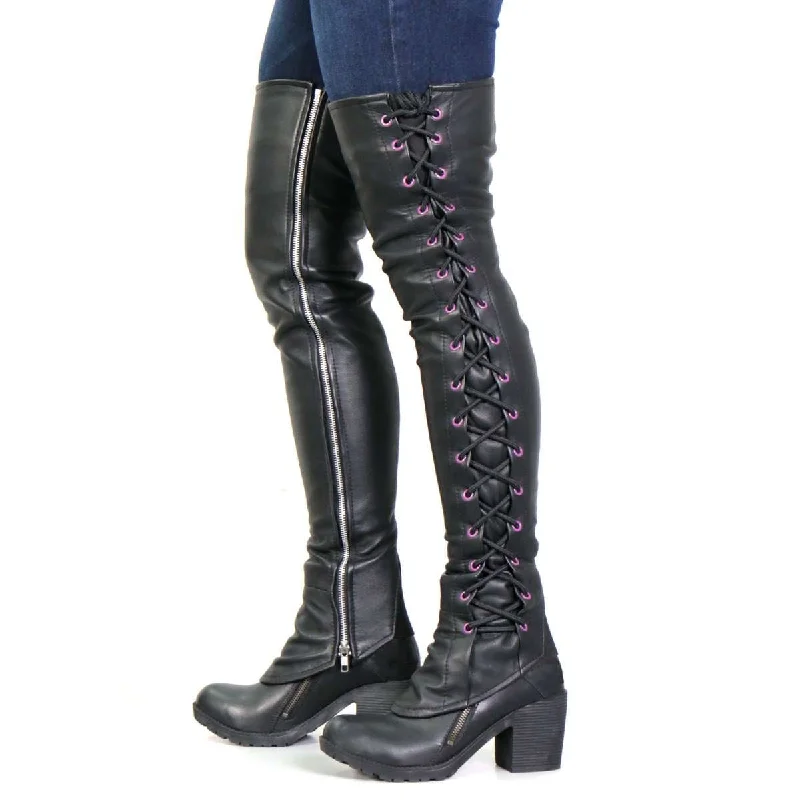 Diamond Series Hot Leathers LCU1004 Ladies Black Lambskin Leather Leggings with Purple Side Lace Diamond Series Hot Leathers LCU1004 Ladies Black Lambskin Leather Leggings with Purple Side Lace
