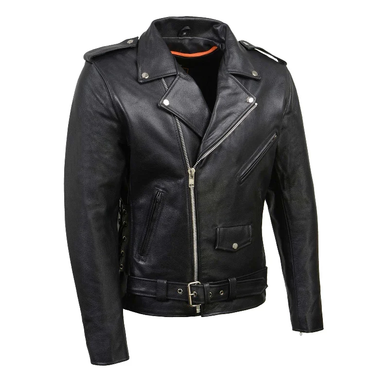 Short Design Milwaukee Leather SH1011 Black Classic Brando Motorcycle Jacket for Men Made of Cowhide Leather w/ Side Lacing