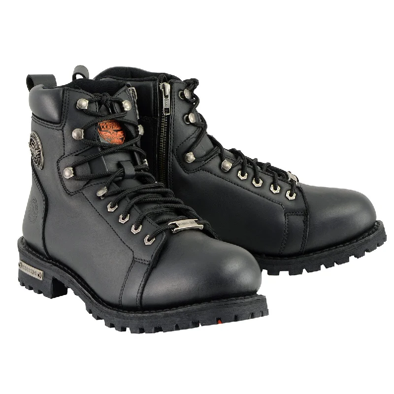 Basic Version Milwaukee Leather MBM100W Men's Black Leather Wide-Width Lace-Up Motorcycle Boots with Side Zipper