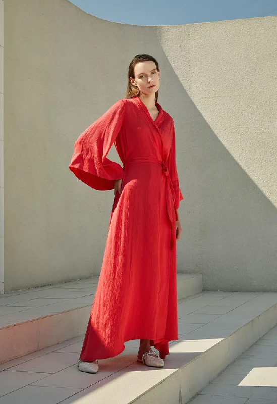 High-quality Fabrics Red Belted Maxi Outerwear