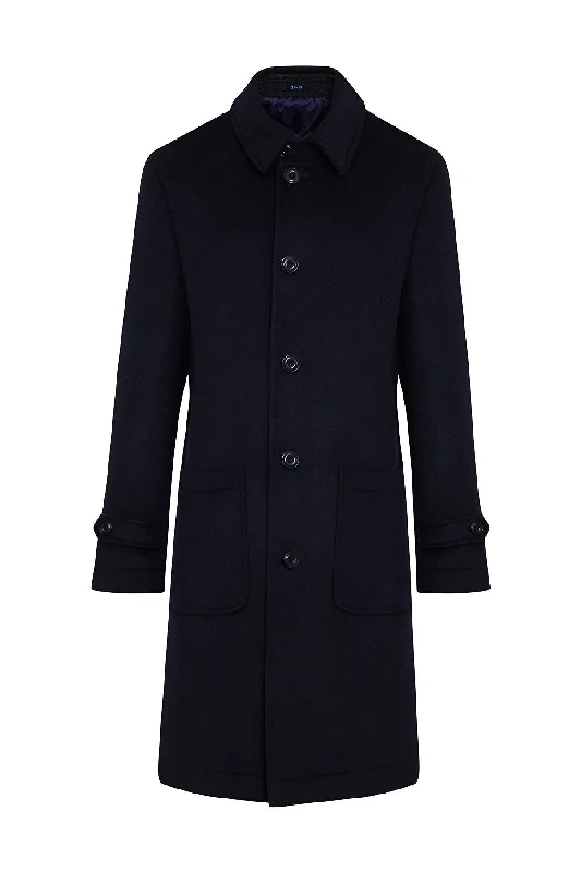 Elegant And Simple Regular Fit Flat Collar Wool Blend Navy Overcoat