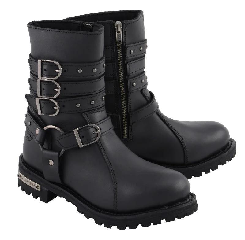 Stunning Fashion Milwaukee Leather MBL9399 Women's 9-Inch Triple Buckle Black Leather Harness Biker Boots w/ Side Zipper