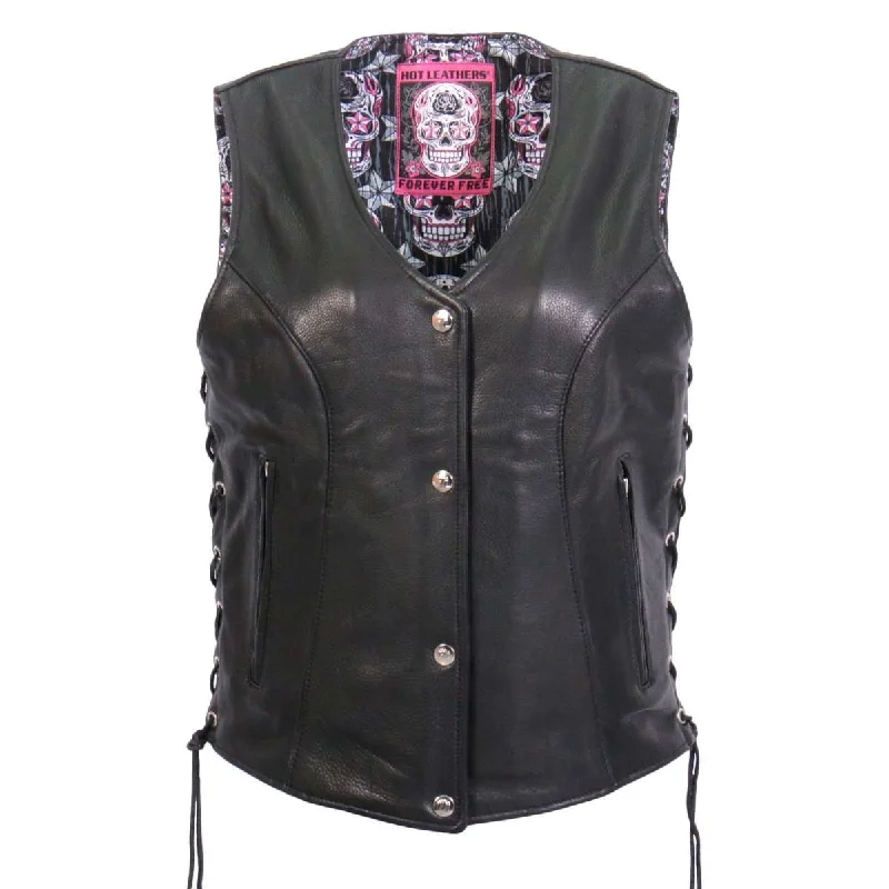 Romantic And Fresh Hot Leathers VSL1017 Ladies 'Sugar Skull' Lined Black Leather MC Vest Romantic And Fresh Hot Leathers VSL1017 Ladies 'Sugar Skull' Lined Black Leather MC Vest