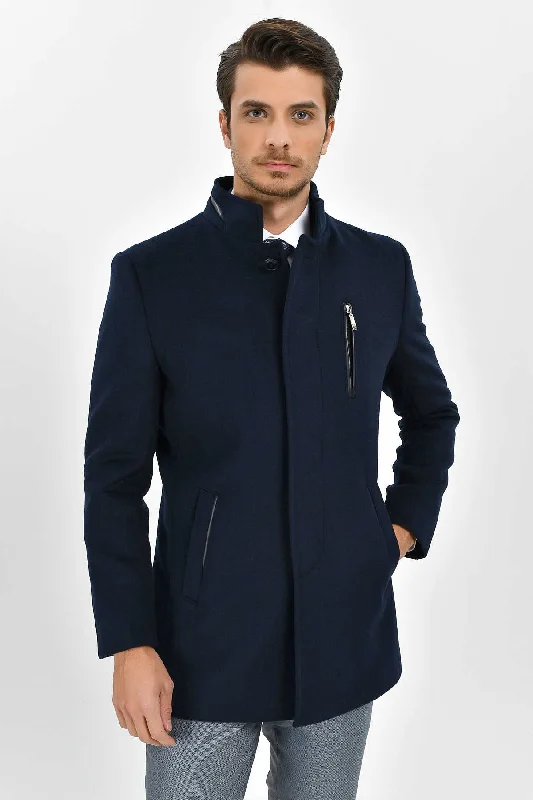Bright Colors Regular Fit Cachet Stand Collar Wool Blend Navy Coat