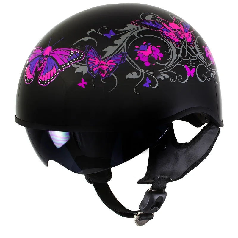 Exclusive Customization Outlaw T-72 'Flowers and Pink Skull Butterflies' Half DOT Helmet with Drop Down Tinted Visor