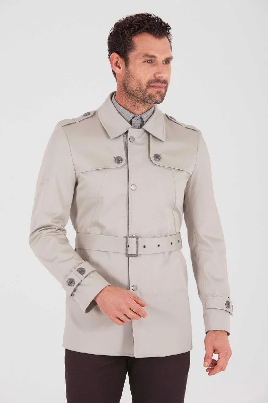 Easy Style Slim Fit Trench Coat Vilnus Flat Collar Cotton Blend Beige Long Coat, Beige