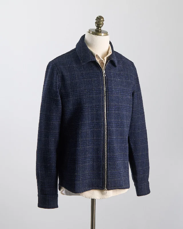 Simple Looks Navy Houndstooth Plaid Wool Zip Overshirt
