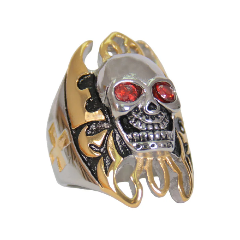 Soft Textures Hot Leathers JWR2220 Men's Silver 'Skull and Gold Tone Flames' Stainless Steel Ring