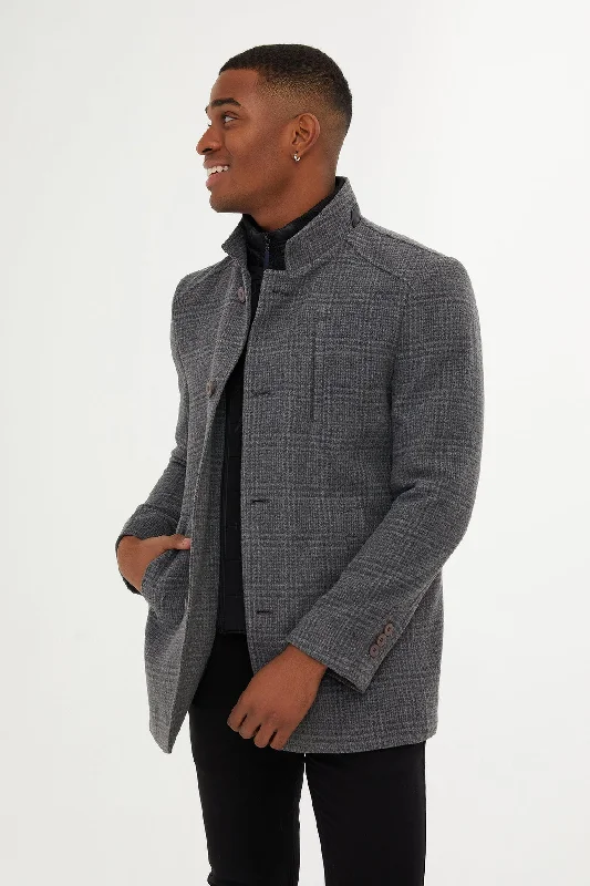 Sports Series Regular Fit Cachet Stand Collar Wool Blend Gray Overcoat