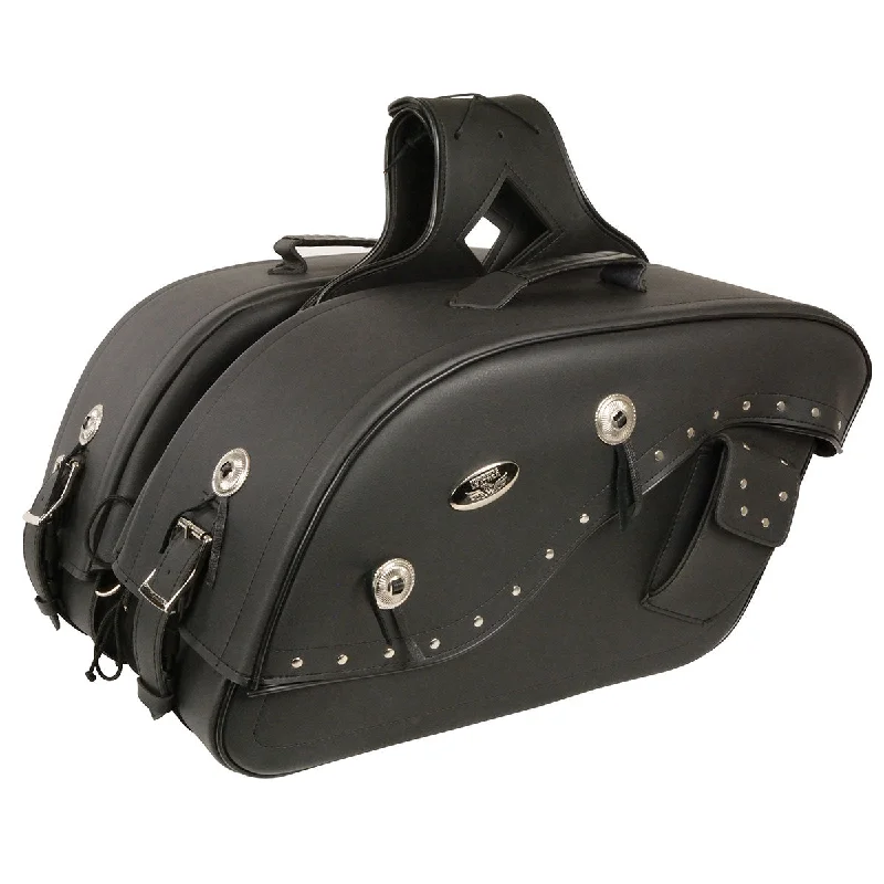 Slim Fit Milwaukee Leather MP8301 Black PVC Medium Cruiser Style Riveted Throw Over Saddlebags Slim Fit Milwaukee Leather MP8301 Black PVC Medium Cruiser Style Riveted Throw Over Saddlebags