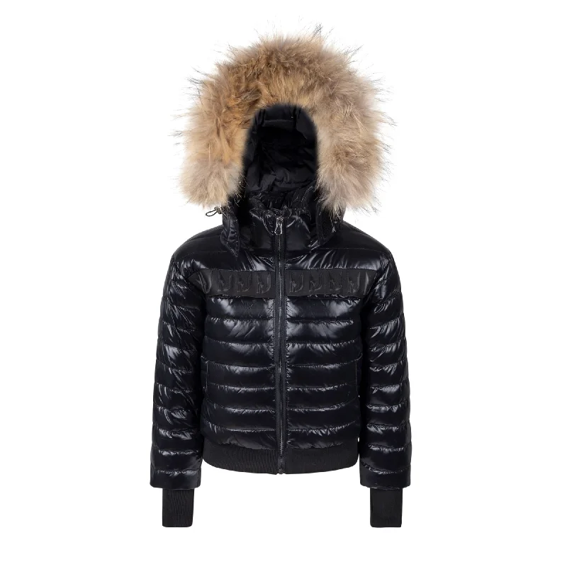 High-end Design coat puffer logo strip with fur - black