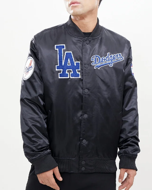 Slim Fit MLB LOS ANGELES DODGERS CHEST HIT MEN'SLOGO SATIN JACKET (BLACK)