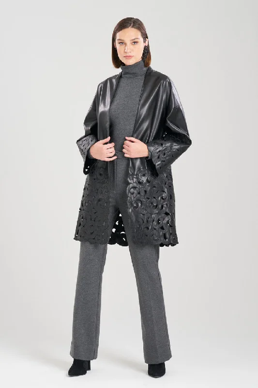 Fresh And Elegant Vegan Luxe Lambskin Embroidered Scroll Coat