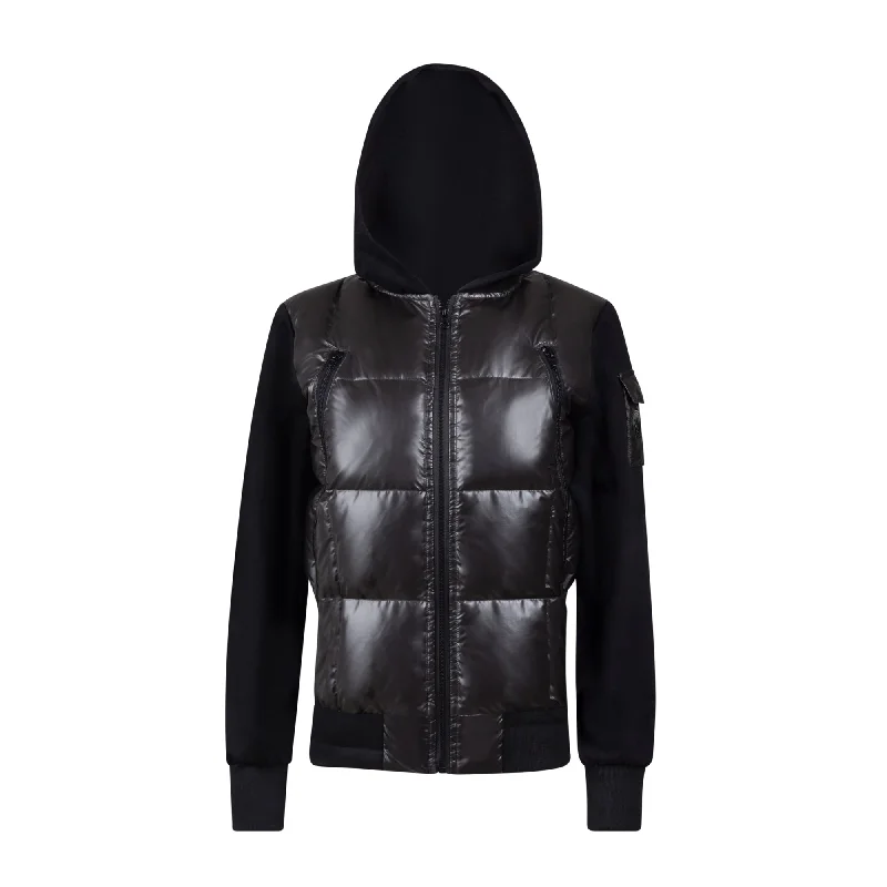 Elegant Series jacket puffer bomber with sweat sleeves and hood - black shiny