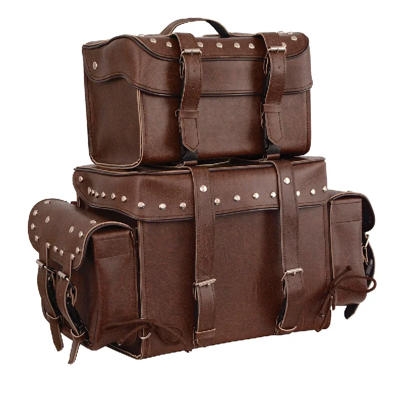 Light Fit Milwaukee Leather MP8127RT Large Retro Brown 4-Piece Studded PVC Motorcycle Touring Pack