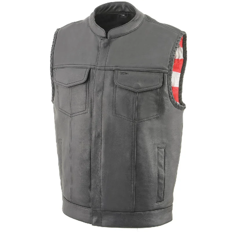 Single-shoulder Neck Design Milwaukee Leather MLM3508 Men's Black Premium Leather Vest - Old Glory Laced Armholes Black Stitching Club Style Vest Single-shoulder Neck Design Milwaukee Leather MLM3508 Men's Black Premium Leather Vest - Old Glory Laced Armholes Black Stitching Club Style Vest