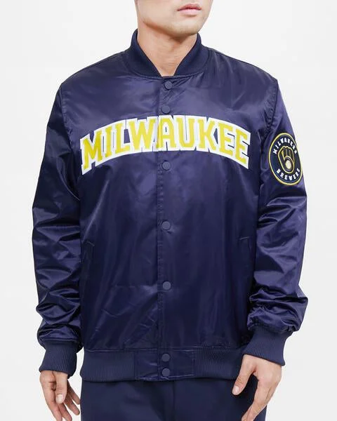 Relaxed Fits MLB MILWAUKEE BREWERS WORDMARK MEN'S SATIN JACKET (MIDNIGHT NAVY)