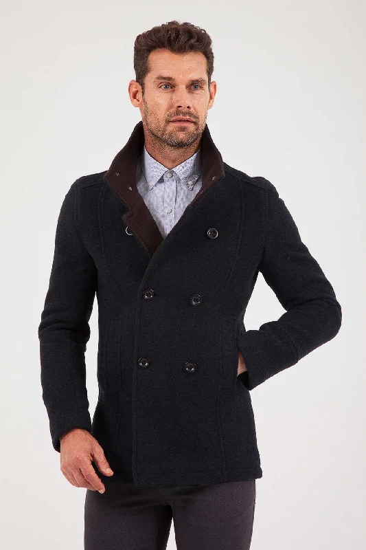 Breezy Style Slim Fit Notch Lapel JPTR Vegas Wool Light Brown Overcoat, Navy - Brown Breezy Style Slim Fit Notch Lapel JPTR Vegas Wool Light Brown Overcoat, Navy - Brown