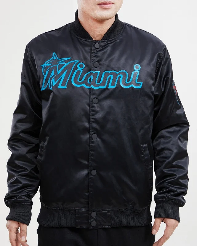 Soft Tops MLB MIAMI MARLINS TEAM BIG LOGO MEN'S SATIN JACKET (BLACK)