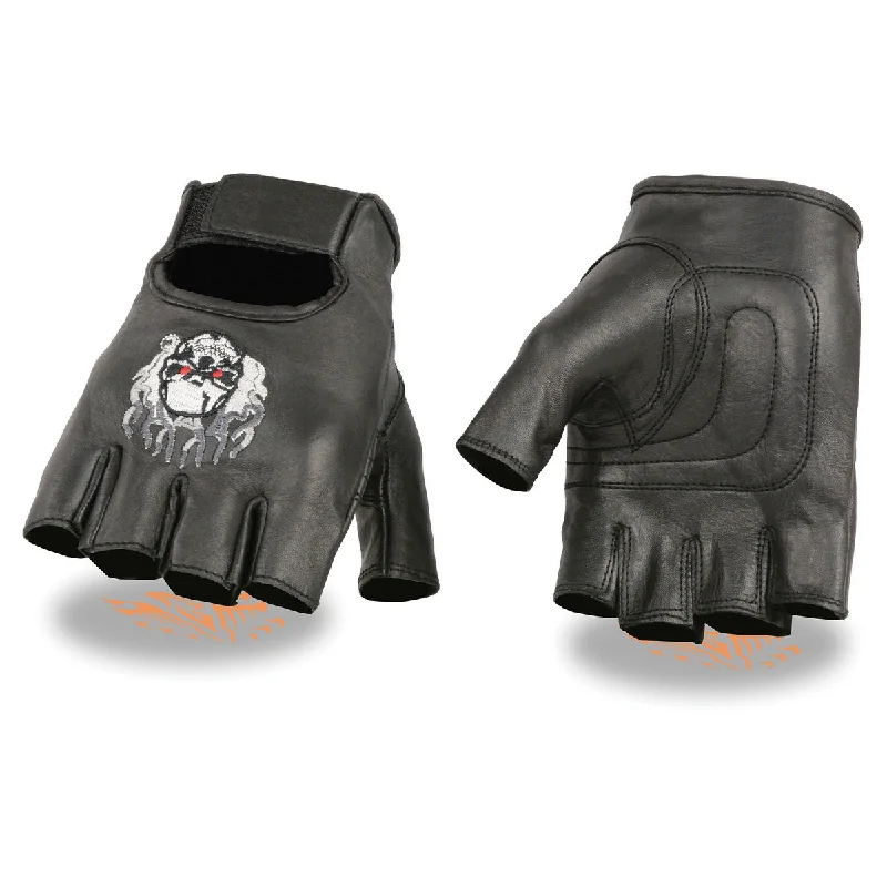 Light Comfort Xelement XG351 Men's Black 'Fire Skull' Embroidered Leather Fingerless Gloves Light Comfort Xelement XG351 Men's Black 'Fire Skull' Embroidered Leather Fingerless Gloves