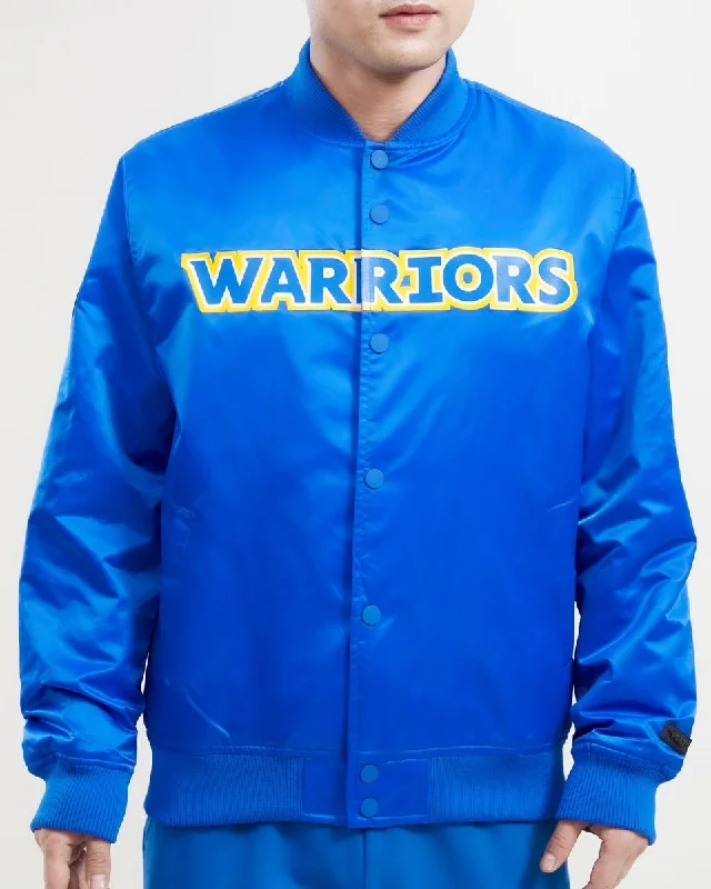 Classic Style NBA GOLDEN STATE WARRIORS TEAM BIG LOGO MEN'S SATIN JACKET (ROYAL BLUE)
