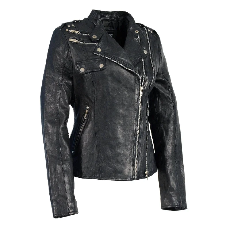 Retro Design Milwaukee Leather Women's Black Leather Motorcycle Style Fashion Jacket with Asymmetrical Zipper SFL2845