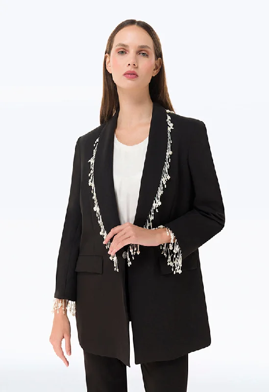 Layered Style Pearl Embellished Blazer With Flap Pockets