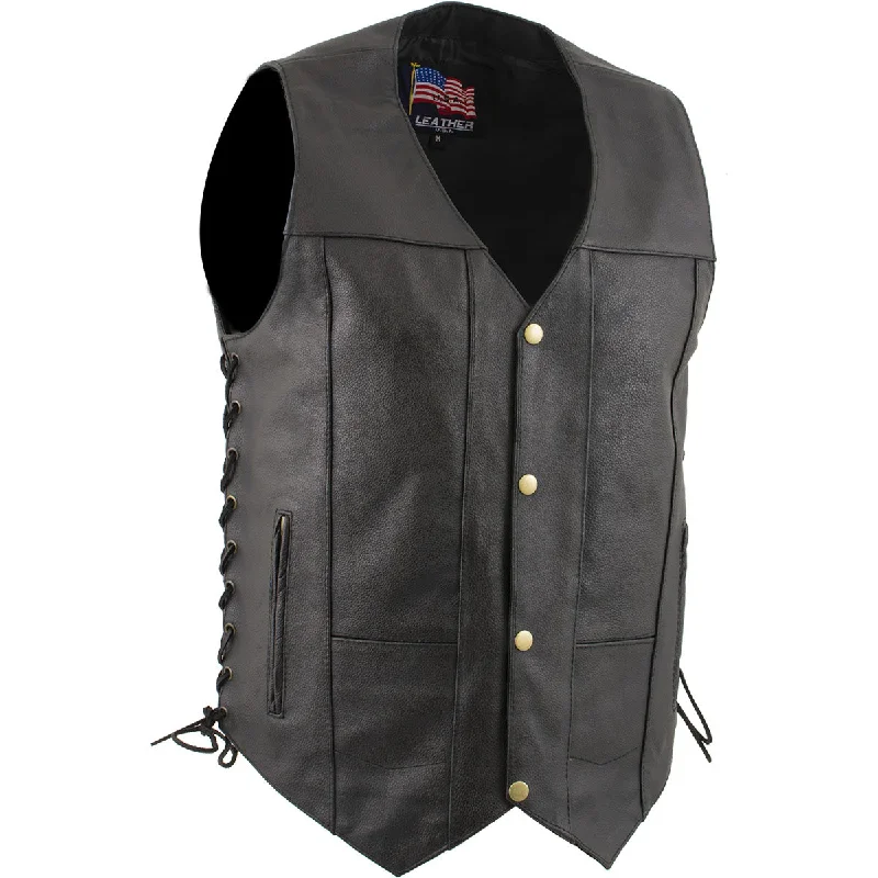 Elegant Temperament USA Leather 1204 Men's Black 'Dime' Classic Leather Ten Pocket Motorcycle Biker Vest with Side Laces