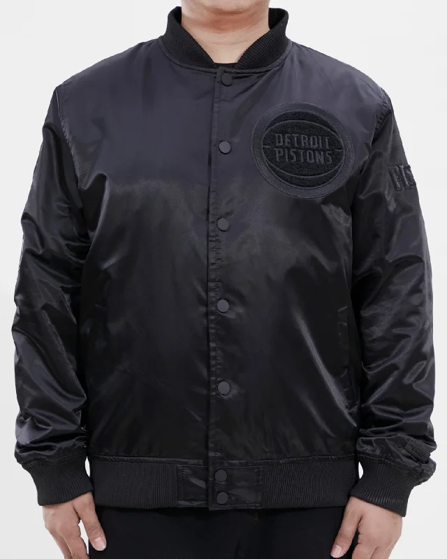 Simple Solid Color NBA DETROIT PISTONS TRIPLE BLACK MEN'S SATIN JACKET (TRIPLE BLACK)