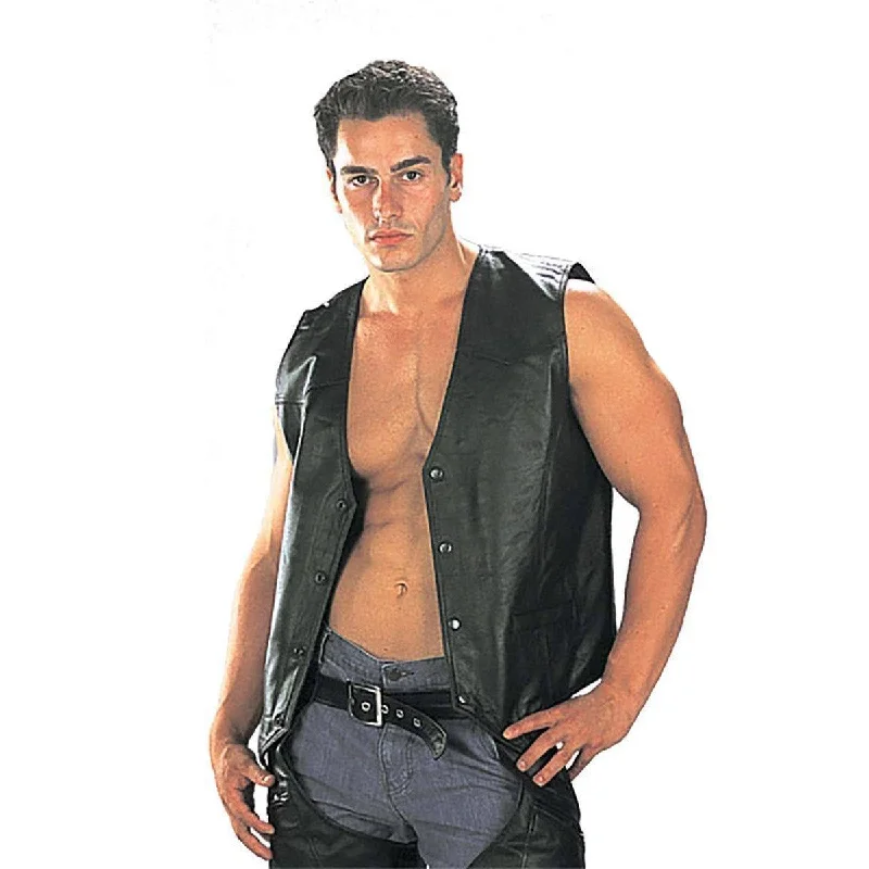 Body Design USA Leather 201 Men's Black 'Classy' Leather Motorcycle Rider Vest with Snap Button Closure
