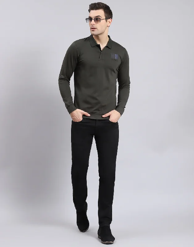 Celebrity Style Men Olive Solid Polo Collar Full Sleeve T-Shirt