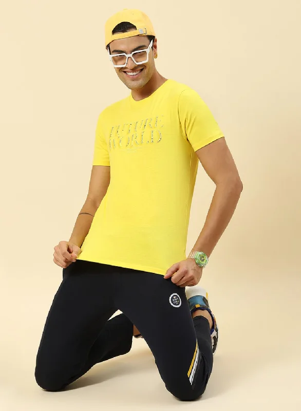 Knitted Design Men Yellow Printed T-Shirt