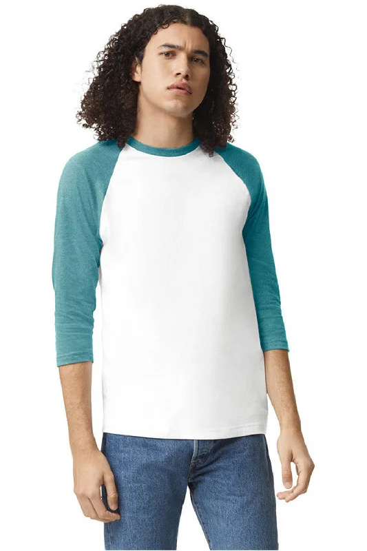 Trendy And Casual American Apparel Mens CVC Raglan 3/4 Sleeve Crewneck T-Shirt - White/Heather Arctic Blue