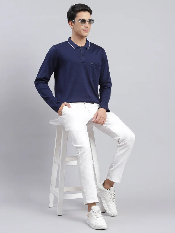 Breathable Style Men Navy Blue Jaquard Double Mercerized Cotton T-Shirt