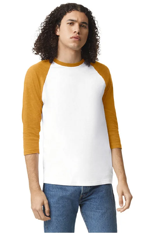 Retro Fashion American Apparel Mens CVC Raglan 3/4 Sleeve Crewneck T-Shirt - White/Heather Mustard Yellow