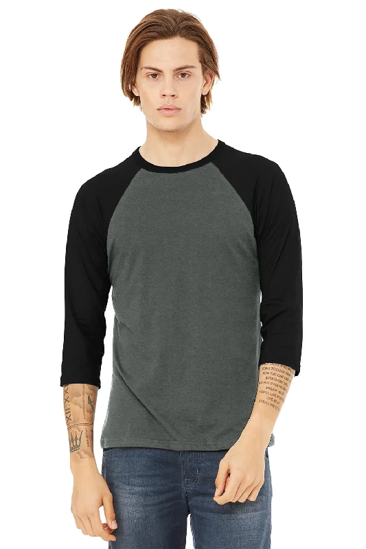 Cozy Fashion Bella + Canvas Mens 3/4 Sleeve Crewneck T-Shirt - Heather Deep Grey/Black