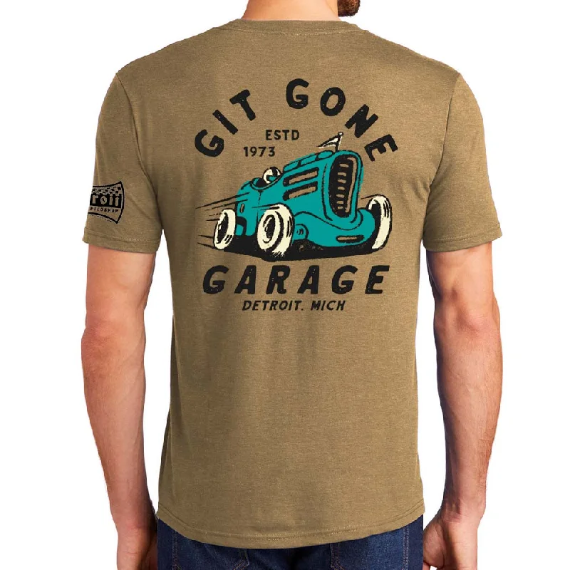 Sporty Elegance Mens Detroit Speed Shop Git Gone Garage T-shirt - Coyote Brown Triblend
