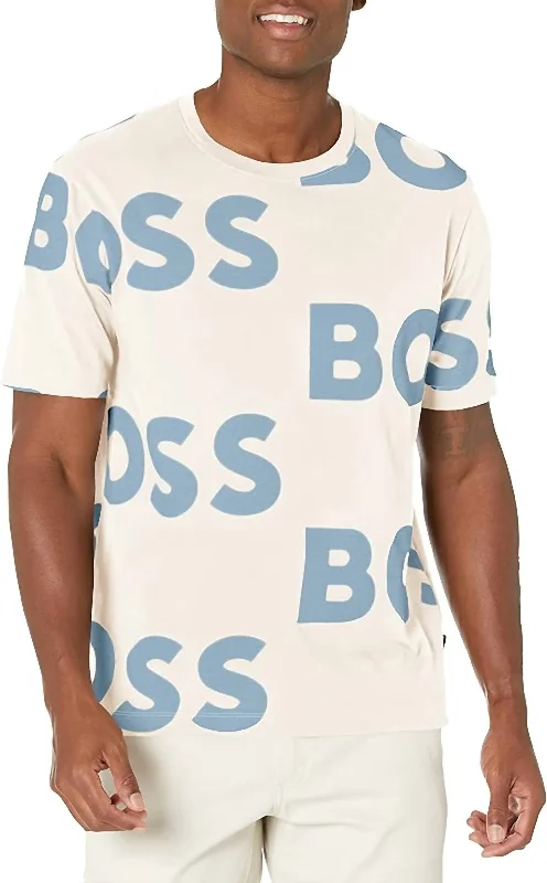 Fashion And Simplicity All Over Logo Sort Sleeve Crew Neck Cotton T-Shirt In Almond Beige