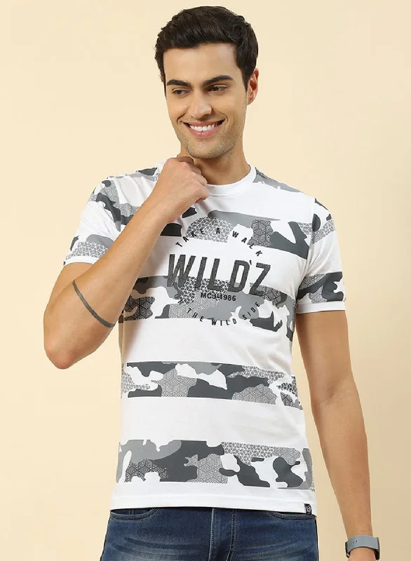 Stylish Casuals Men White Printed T-Shirt