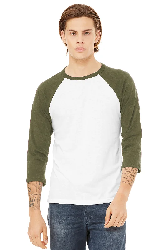 Stylish Jackets Bella + Canvas Mens 3/4 Sleeve Crewneck T-Shirt - White/Heather Olive Green - Closeout