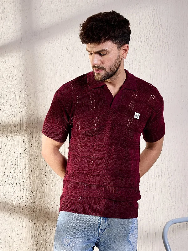 Casual Wear Wine Textured Knitted Polo Tee