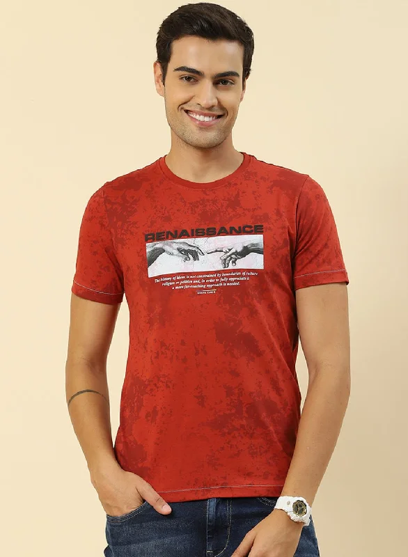 Soft Wearables Men Rust Orange Printed T-Shirt