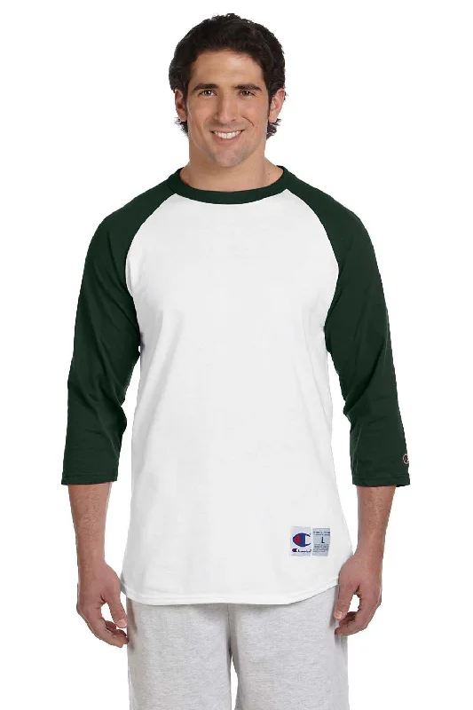 Versatile Itinerary Champion Mens 3/4 Sleeve Crewneck T-Shirt - White/Dark Green