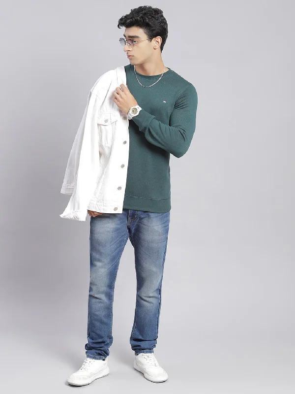 Exquisite Tailoring Men Green Solid Round Neck Full Sleeve T-Shirts